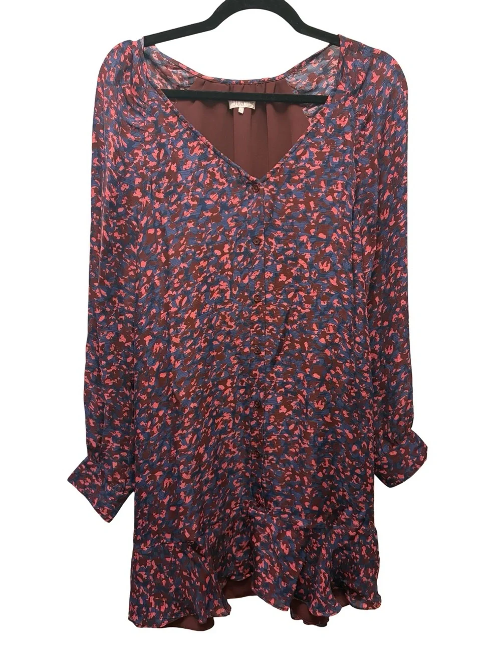 Parker Silk Blend Floral Long Sleeve Ruffle Mini Dress Size L Navy Coral